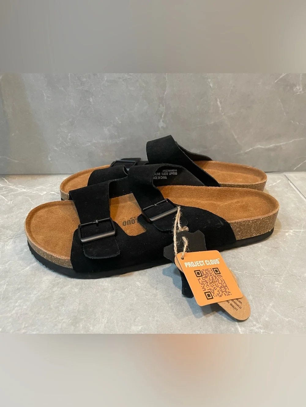 Project Cloud Men's Black Suede Double-Buckle Sandals Size 9.5